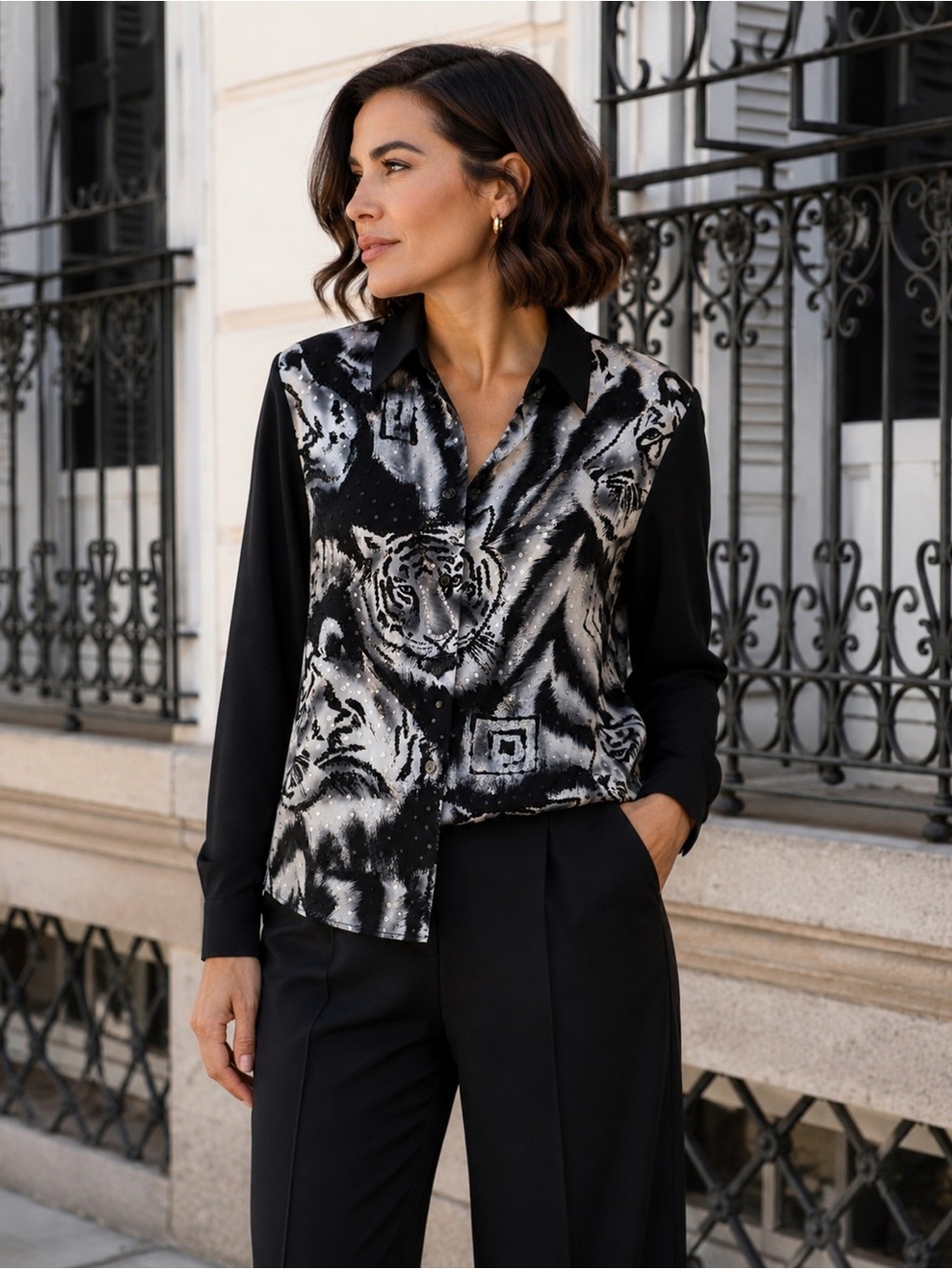 100% Silk Diane Gilman Sequin Embellished Tiger Print Button Down Blouse